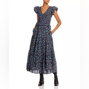 Sea New York Blue Floral Smocked Midi Dress Ruffle Cap Sleeve
